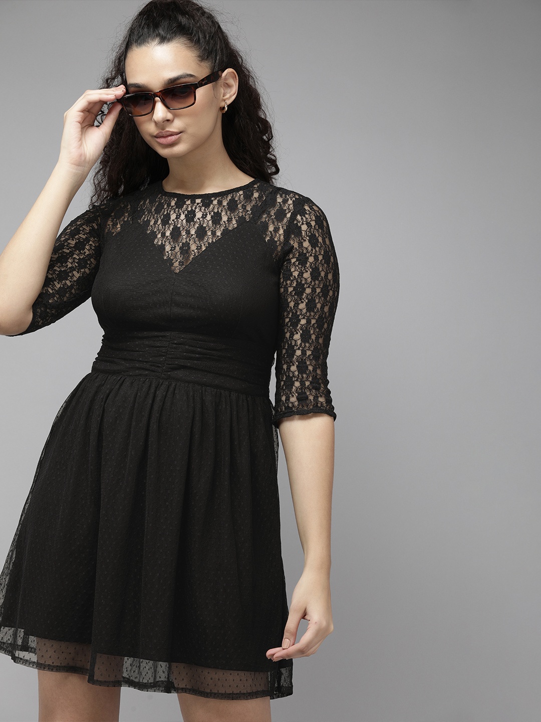 

Roadster Black Self Design Ruched Detail Net A-Line Dress