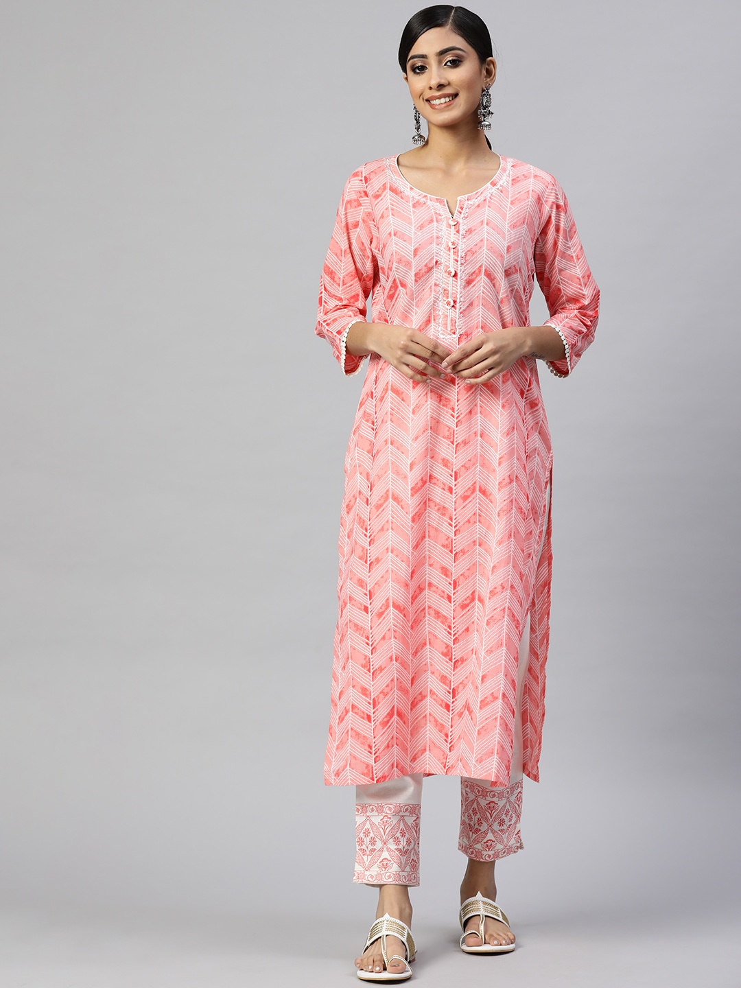 

Readiprint Fashions Women Pink Printed Embroidered Pure Cotton Kurta with Trousers