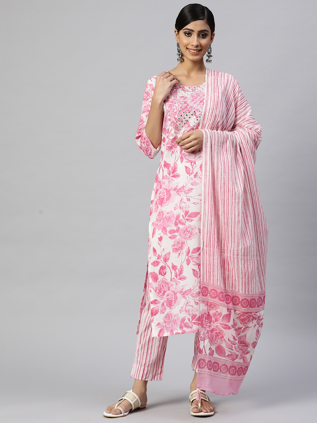 

Readiprint Fashions Women Pink Floral Mirror Work Cotton Kurta with Trousers & Dupatta