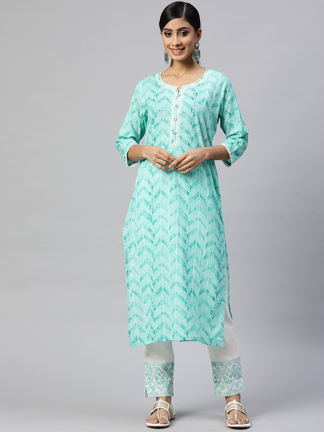 

Readiprint Fashions Women Sea Green Printed Embroidered Pure Cotton Kurta with Trousers