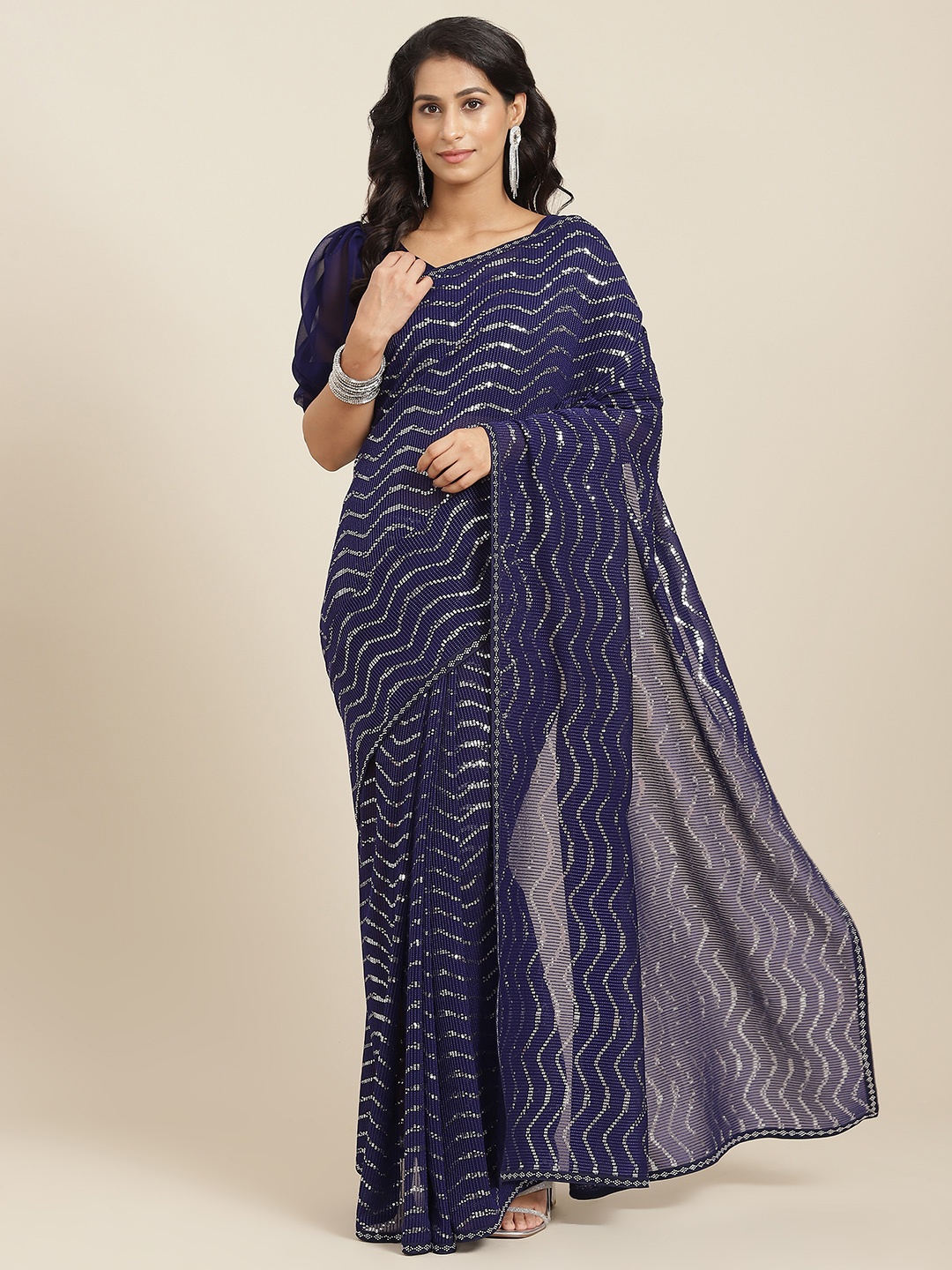 

Readiprint Fashions Navy Blue Sequinned Pure Georgette Saree