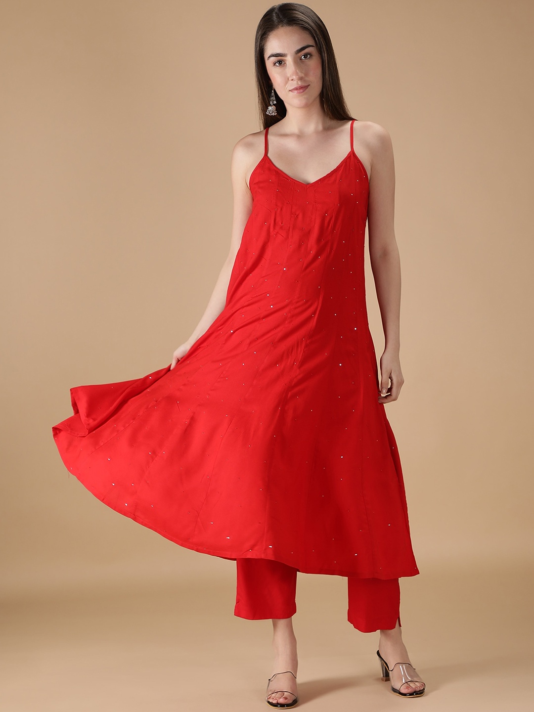 

DESI WOMANIYA Women Red Anarkali Kurta with Trousers