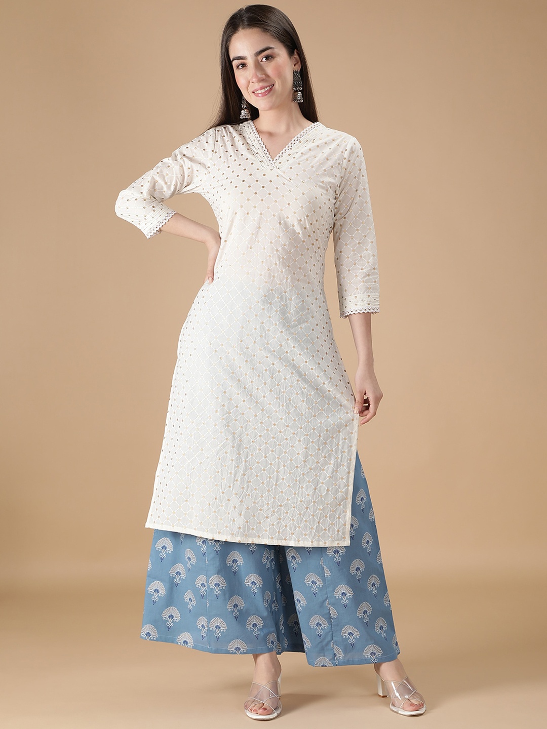 

DESI WOMANIYA Women Off White Micro Ditsy Print Pure Cotton Kurti with Palazzos