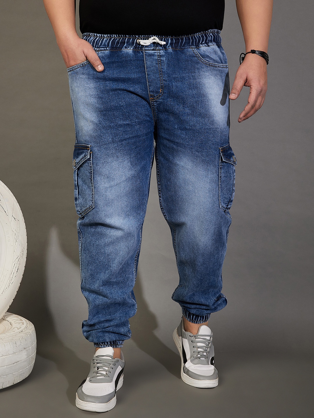 

bigbanana Plus Size Men Blue Comfort Low Distress Heavy Fade Stretchable Jeans