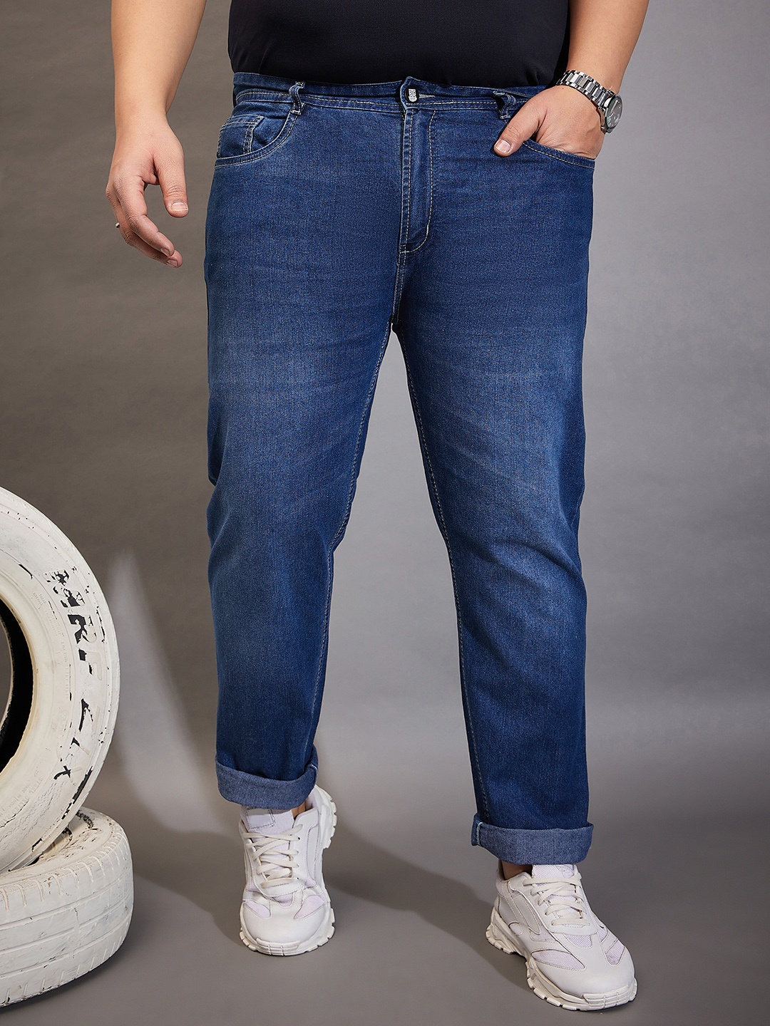 

bigbanana Men Plus Size Blue Comfort Low-Rise Heavy Fade Stretchable Jeans