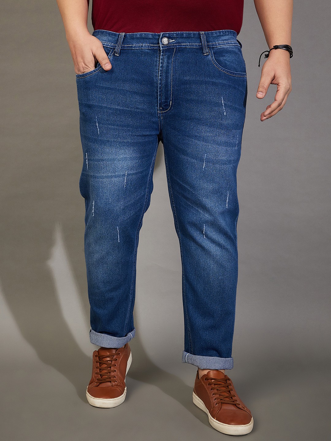 

Bigbanana Plus size Men Blue Comfort Low Distress Light Fade Stretchable Jeans