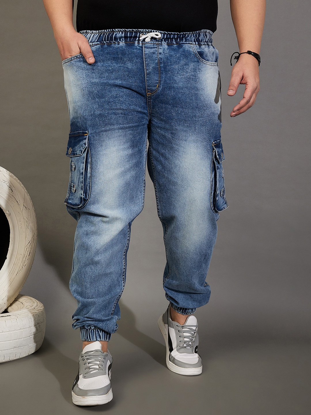 

bigbanana Men Plus Size Blue Comfort Jogger Mildly Distressed Heavy Fade Stretchable Jeans