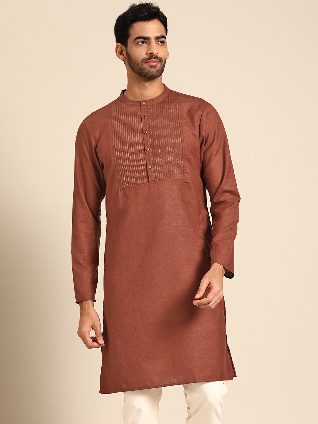 

Anouk Men Brown Pleated Thread Work Yoke Design Kurta