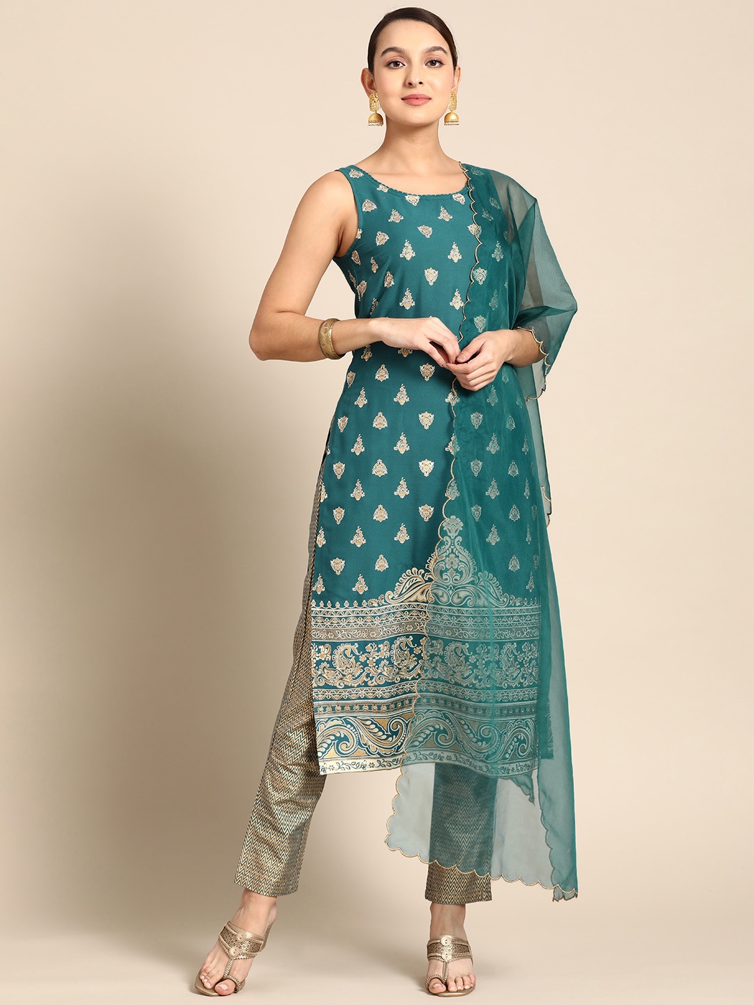 

Anouk Women Ethnic Motifs Printed Kurta with Trousers & With Dupatta, Teal