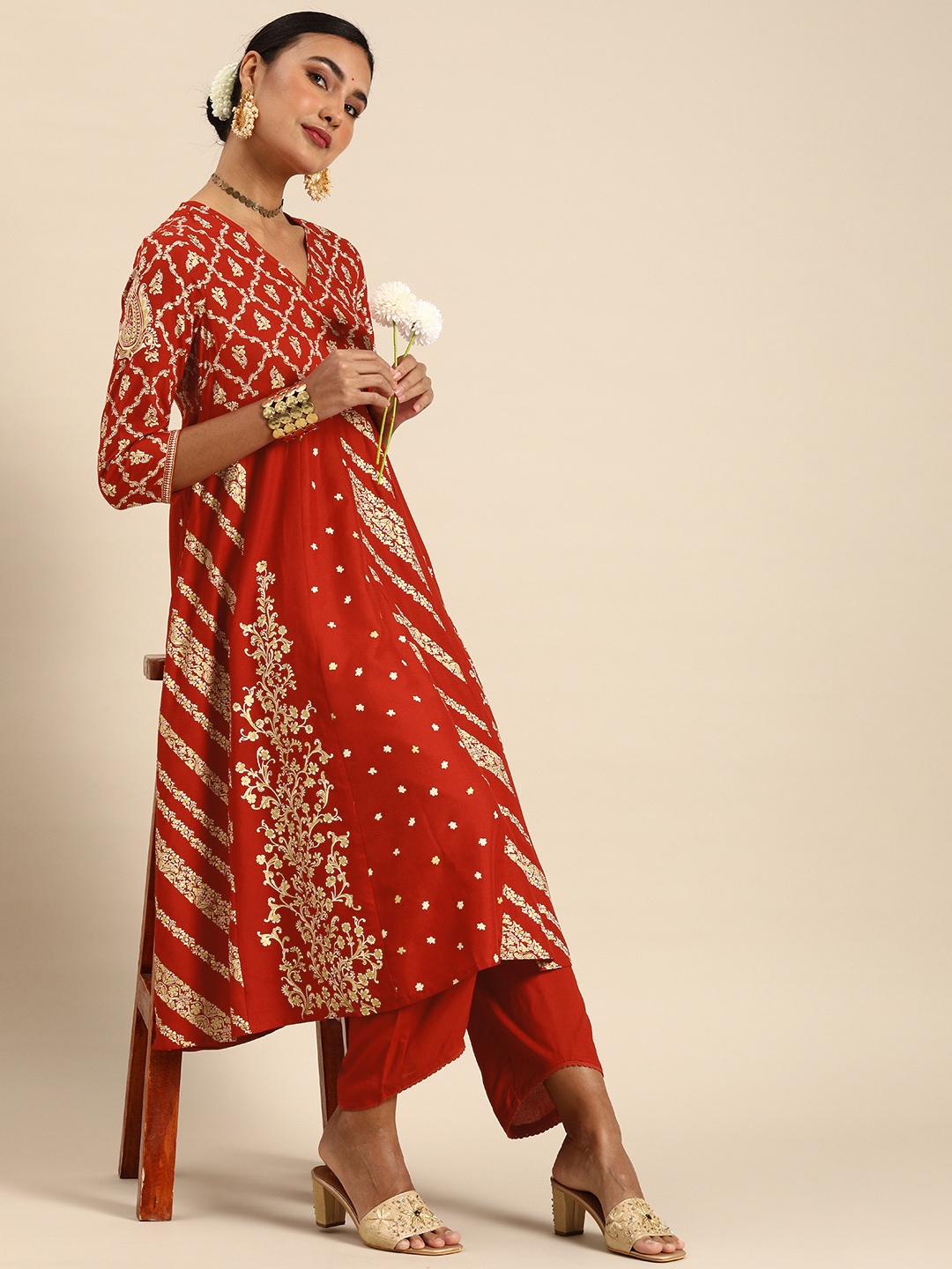 

Anouk Women Red Ethnic Motifs Printed Empire Kurta with Trousers