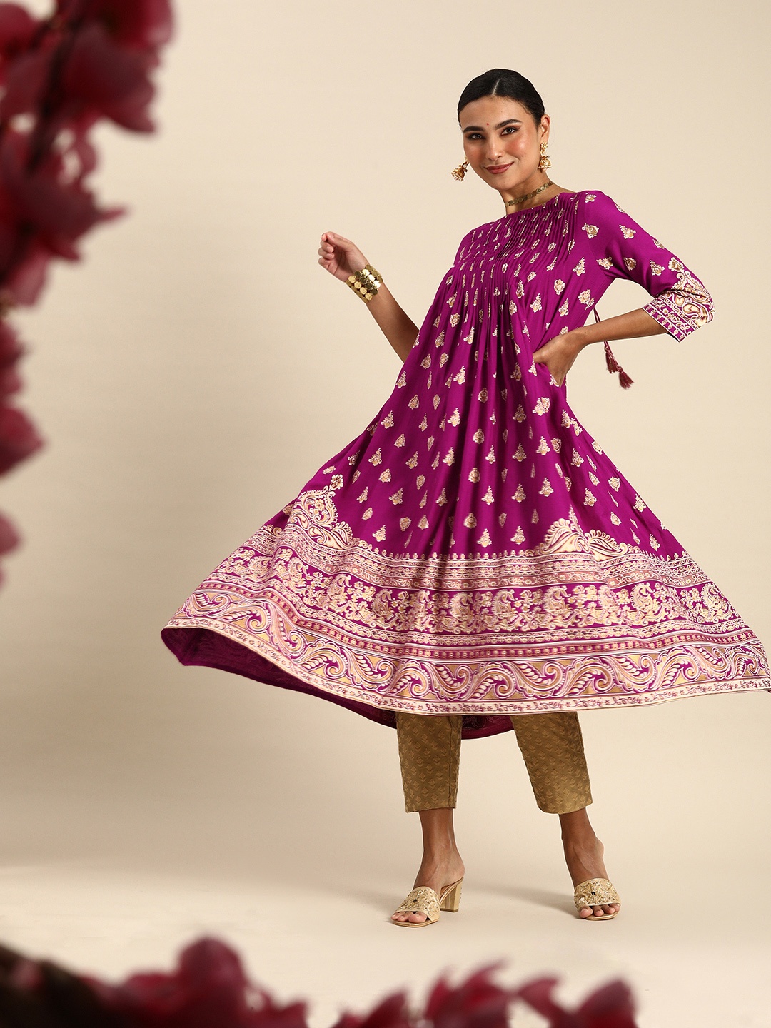 

Anouk Women Purple Mini Pleats Ethnic Motifs Printed Anarkali Kurta