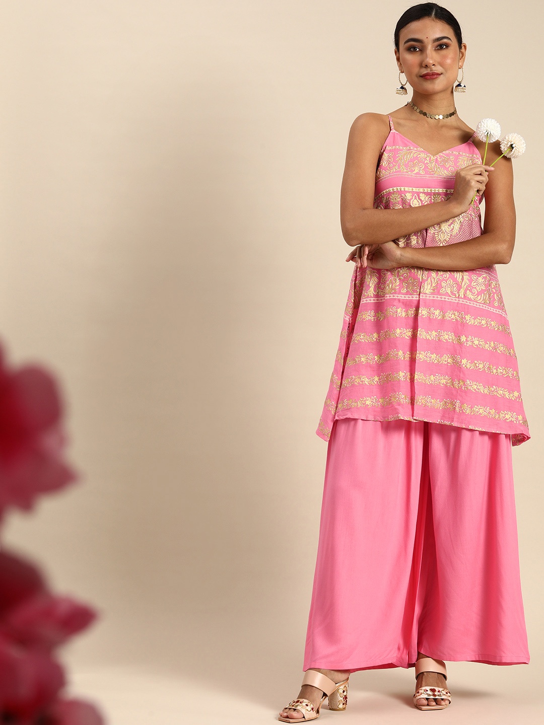 

Anouk Women Pink Ethnic Motifs Printed Empire Kurti with Sharara