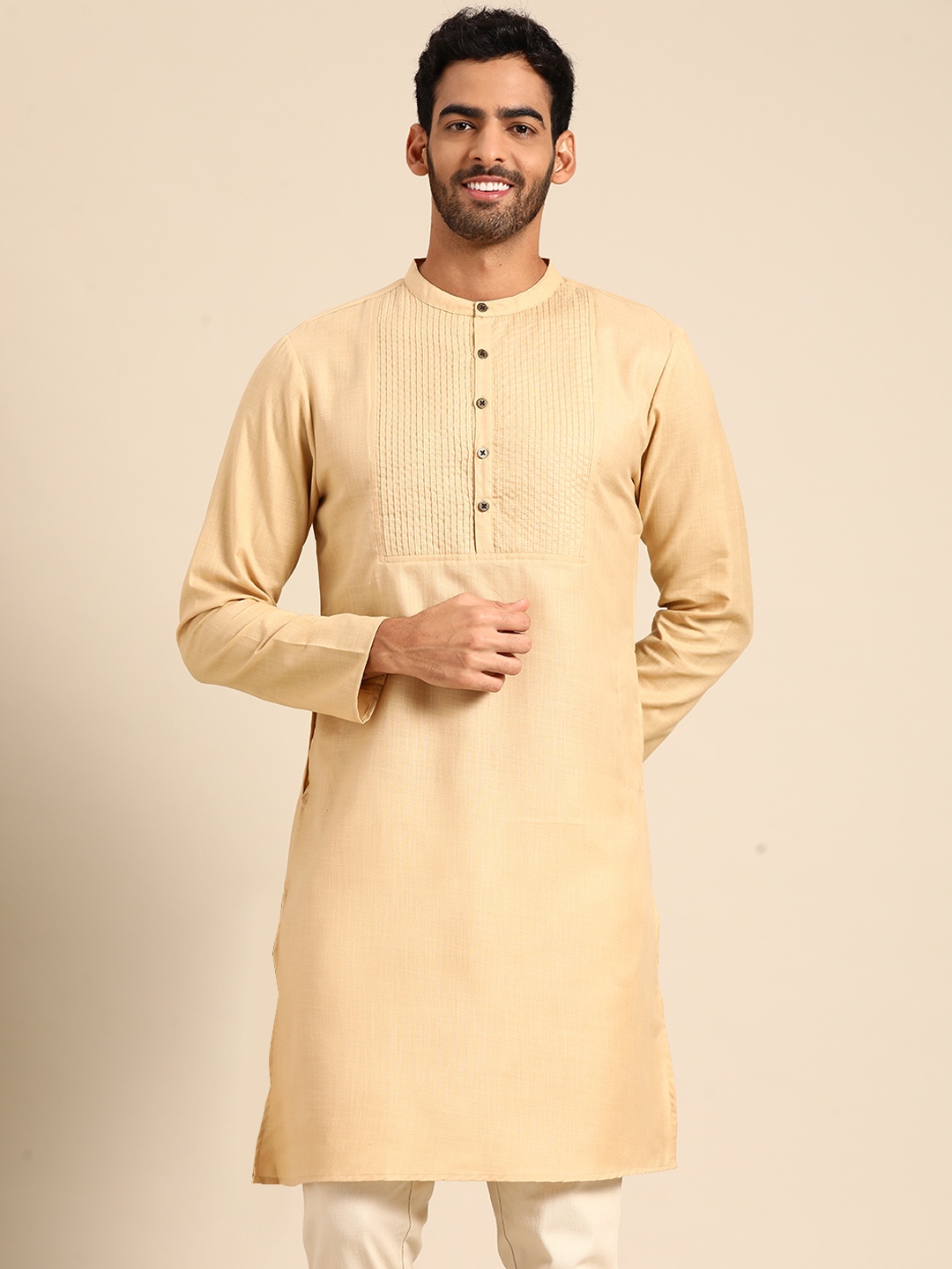 

Anouk Men Beige Pleated Thread Work Yoke Design Kurta