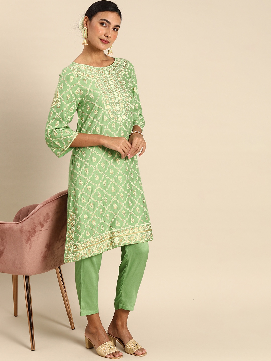 

Anouk Women Green Ethnic Motifs Printed Kurta with Trousers