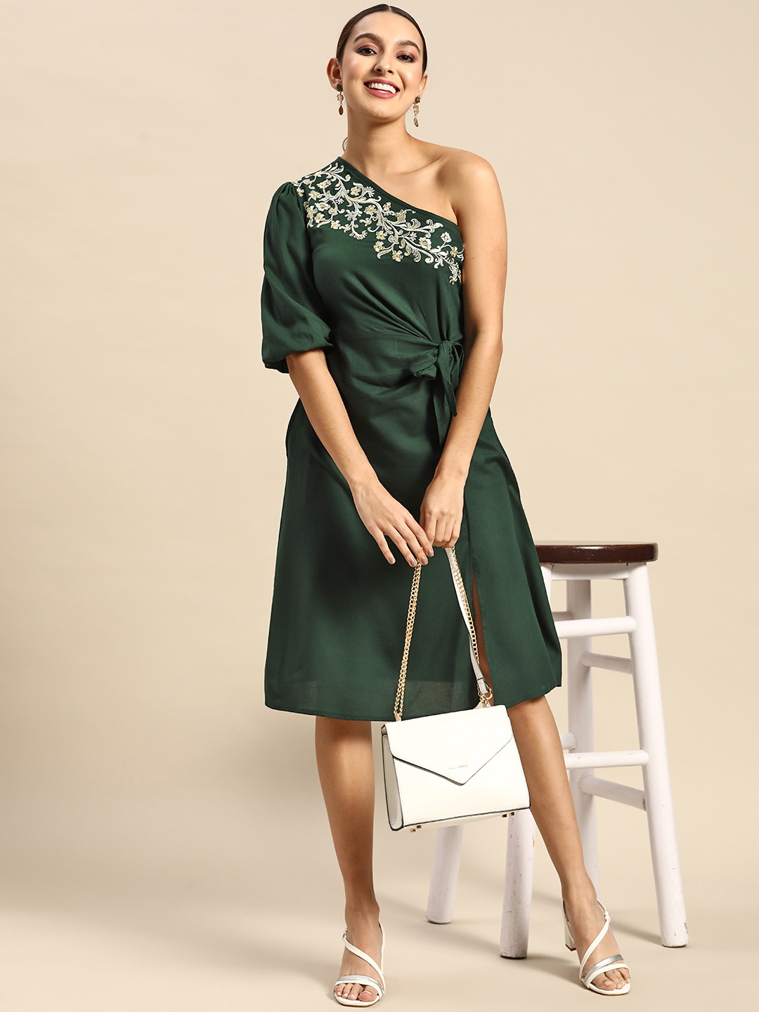 

Anouk Green Floral Embroidered Off-Shoulder A-Line Midi Dress