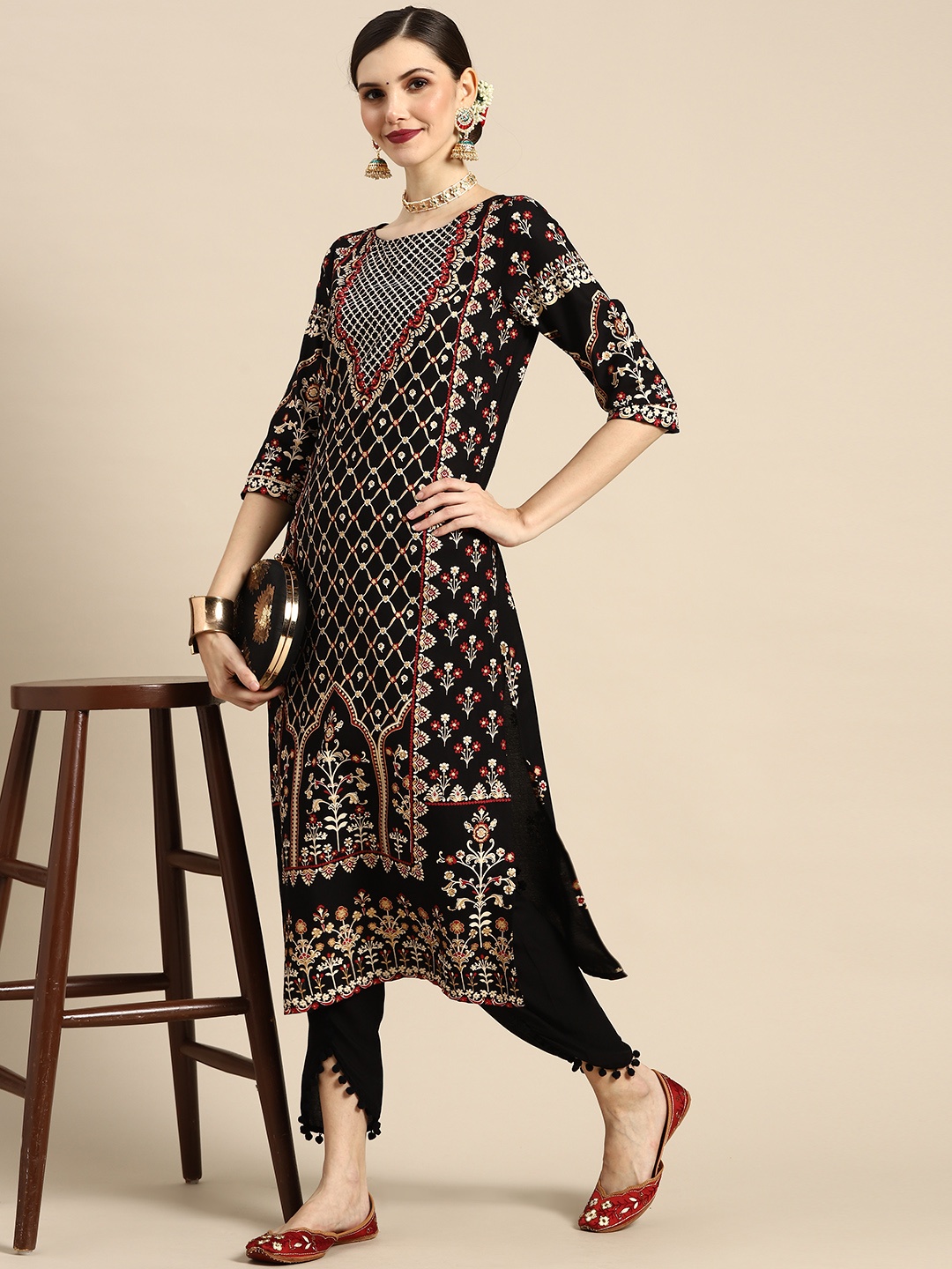 

Anouk Women Black Ethnic Motifs Printed Kurti with Trousers