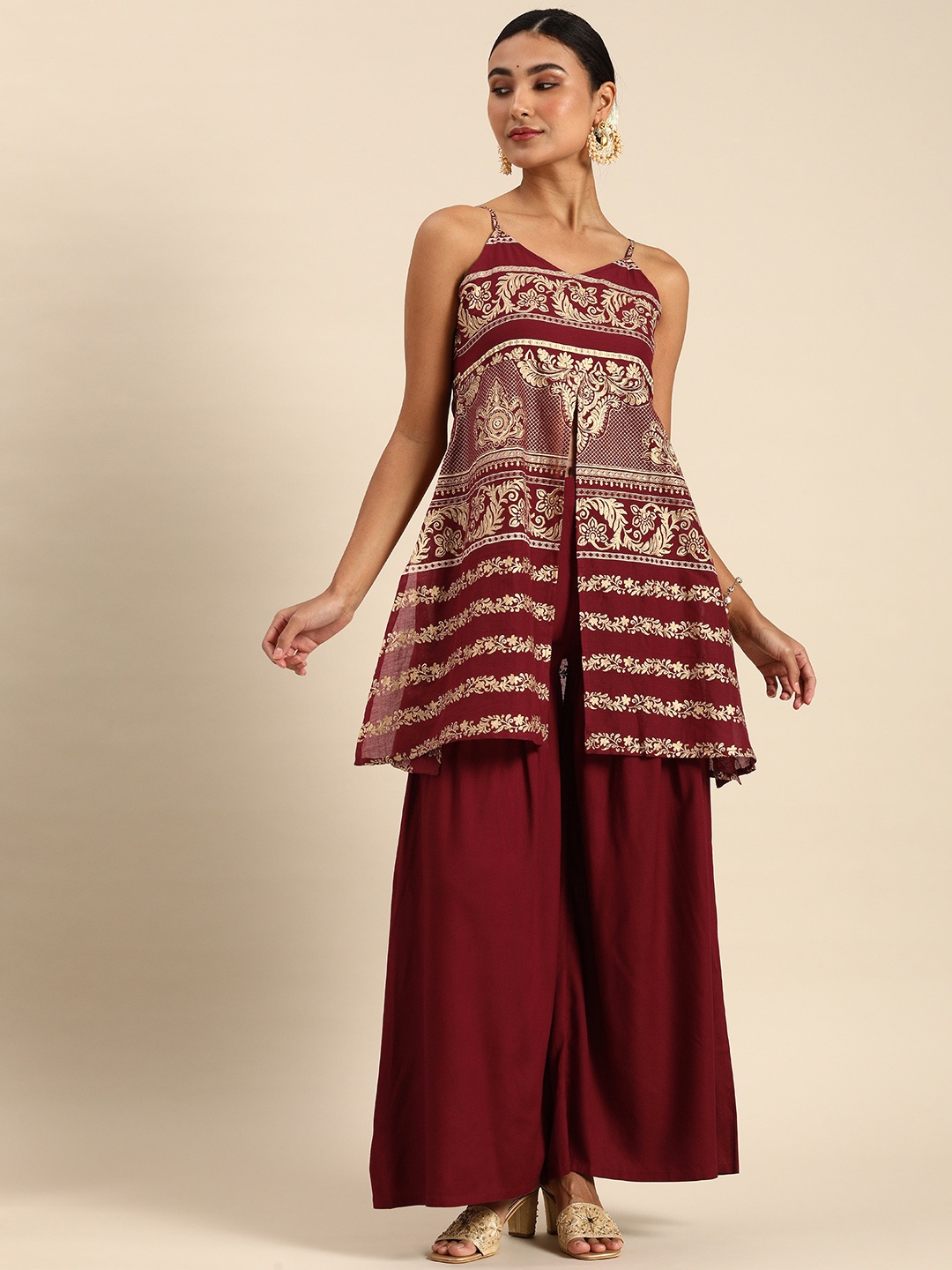 

Anouk Women Maroon Ethnic Motifs Printed Empire Kurti with Sharara