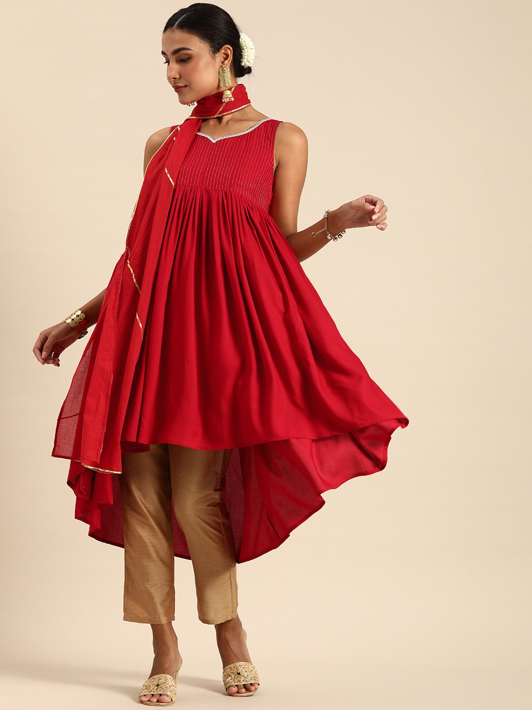 

Anouk Women Red Empire Kurta with Trousers & With Dupatta