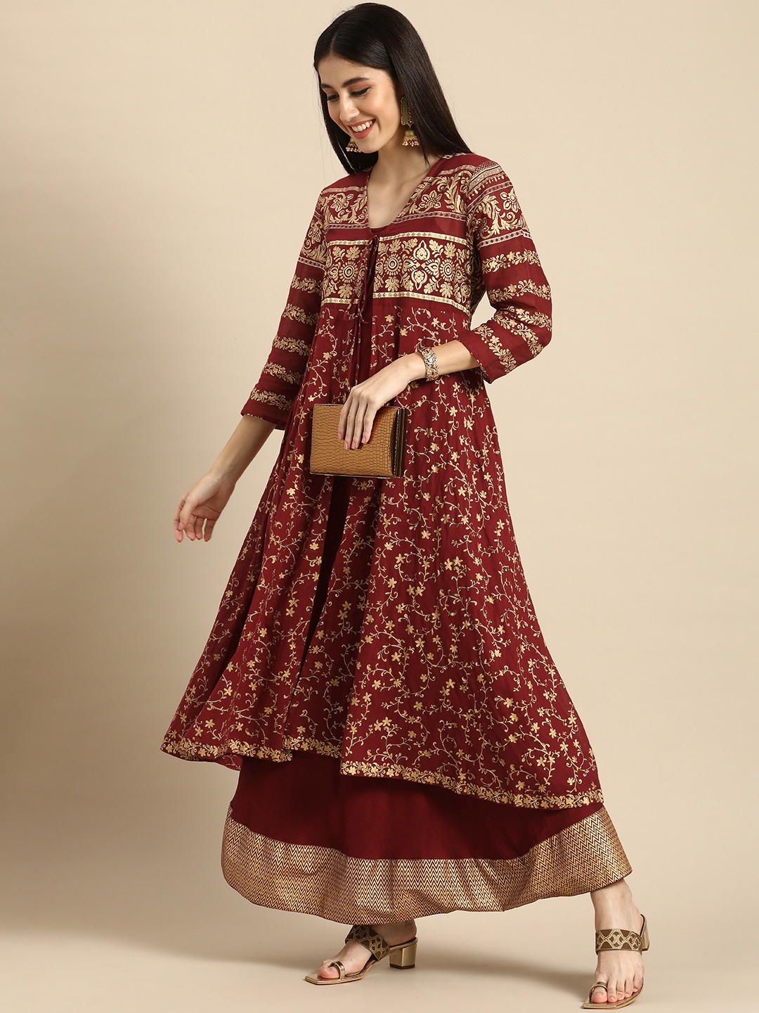 

Anouk Women Maroon & Gold-Toned Ethnic Motifs Printed Kurta With an Overcoat
