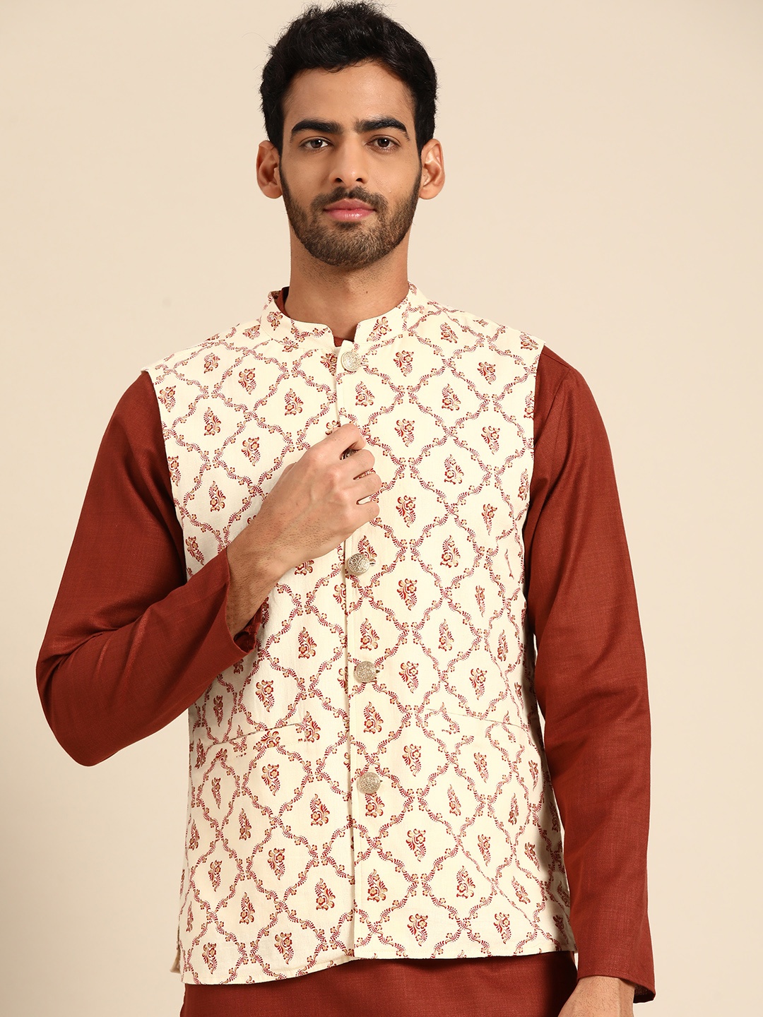 

Anouk Men Off-White & Red Ethnic Motifs Print Cotton Linen Nehru Jacket