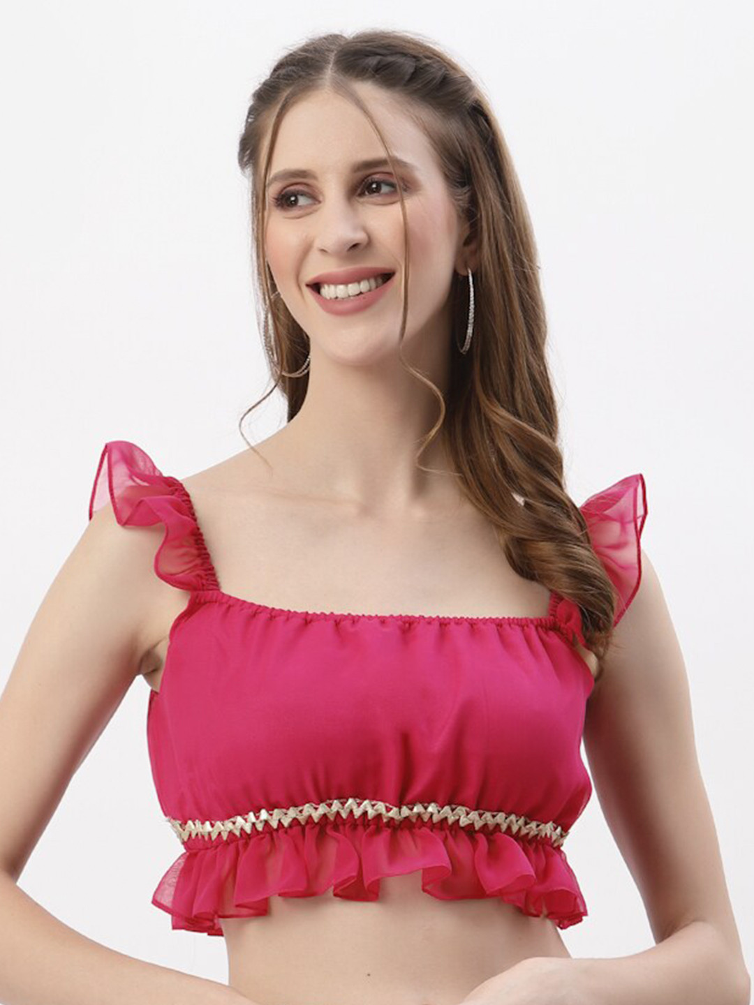 

studio rasa Pink Sheen Georgette Ruffle Embellished Crop Top