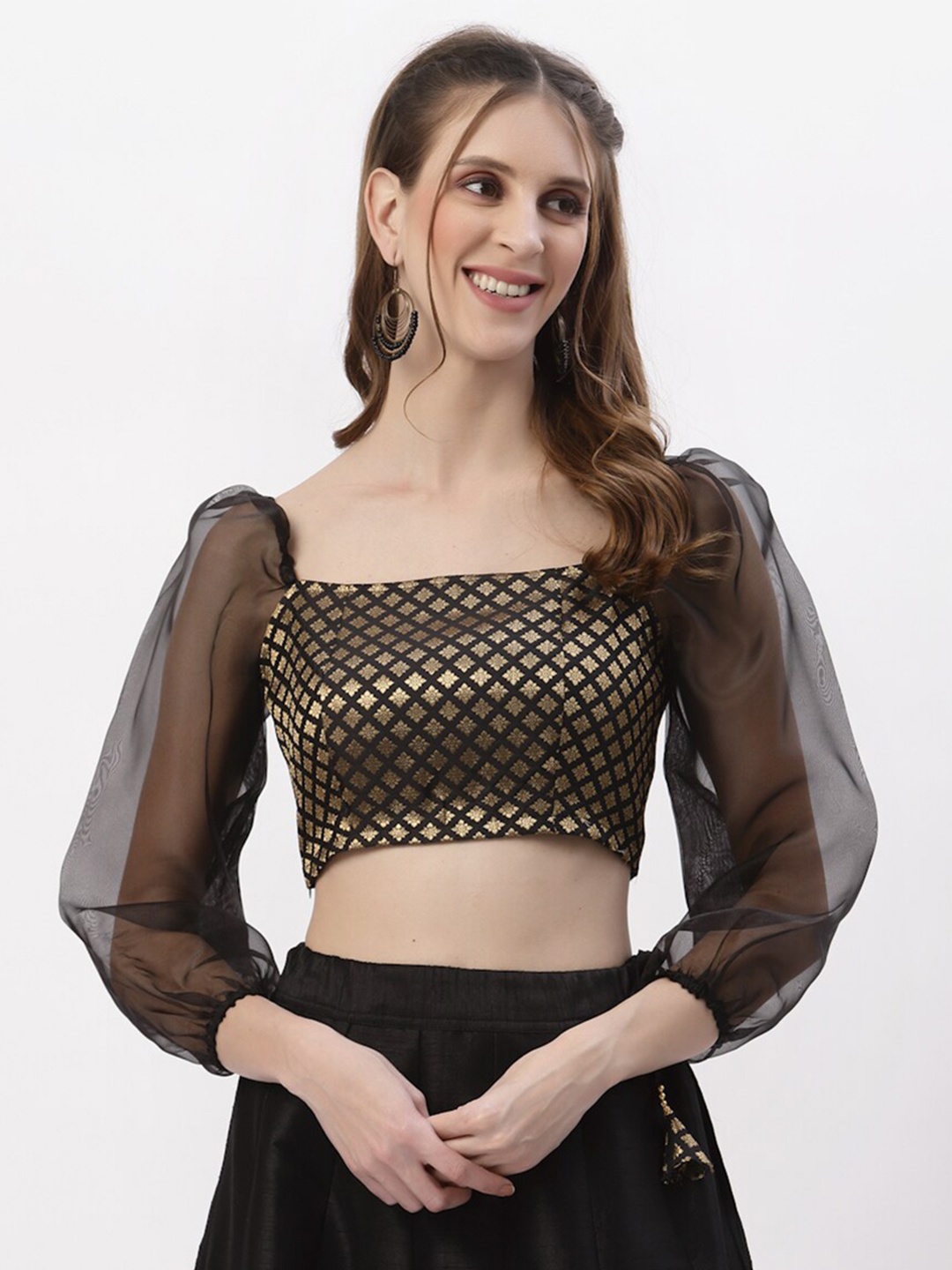 

studio rasa Women Black Geometric Brocade & Organza Puff Sleeve Crop Top
