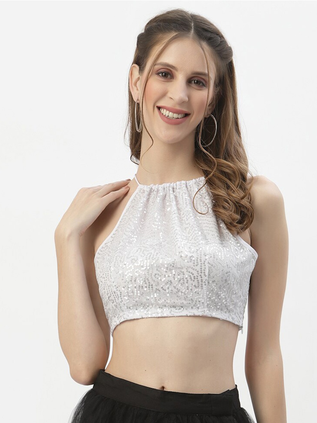 

studio rasa Silver-Toned Halter Neck Net Bralette Crop Top