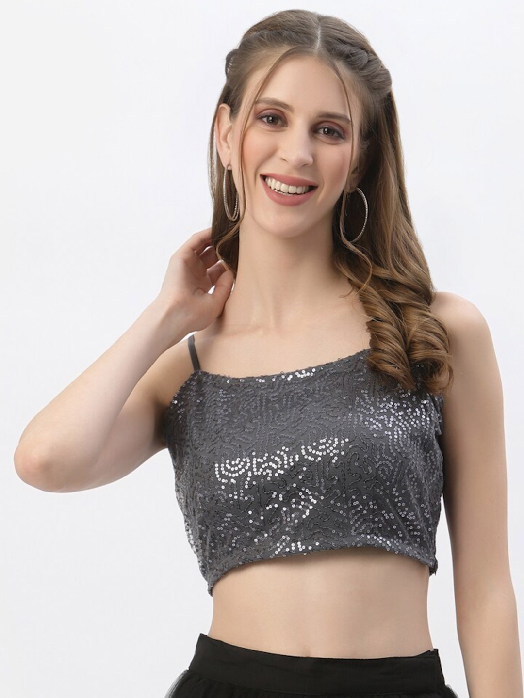 

studio rasa womens Grey Embellished Net Bralette Crop Top