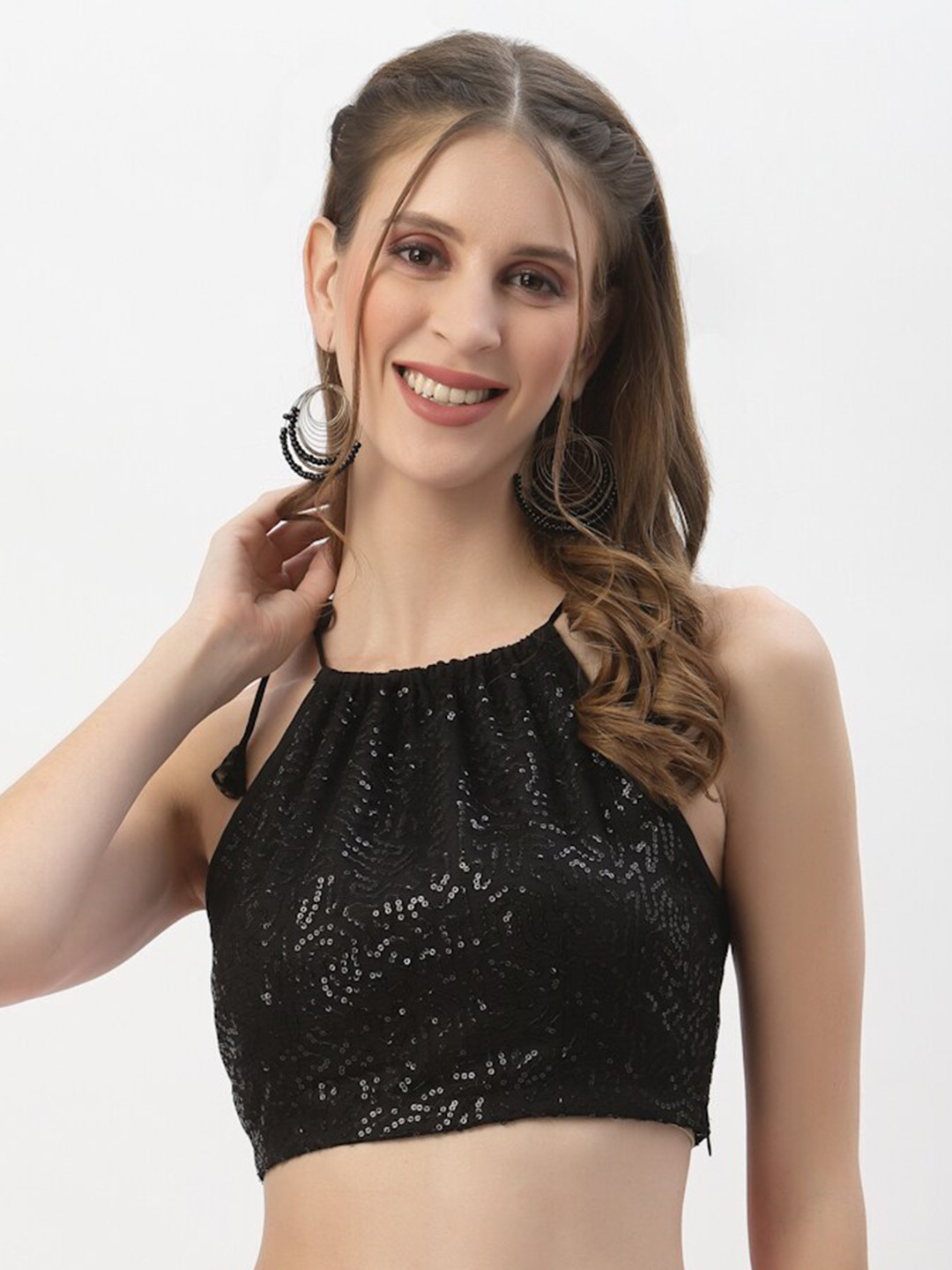 

studio rasa Women Black Embellished Halter Neck Net Bralette Crop Top