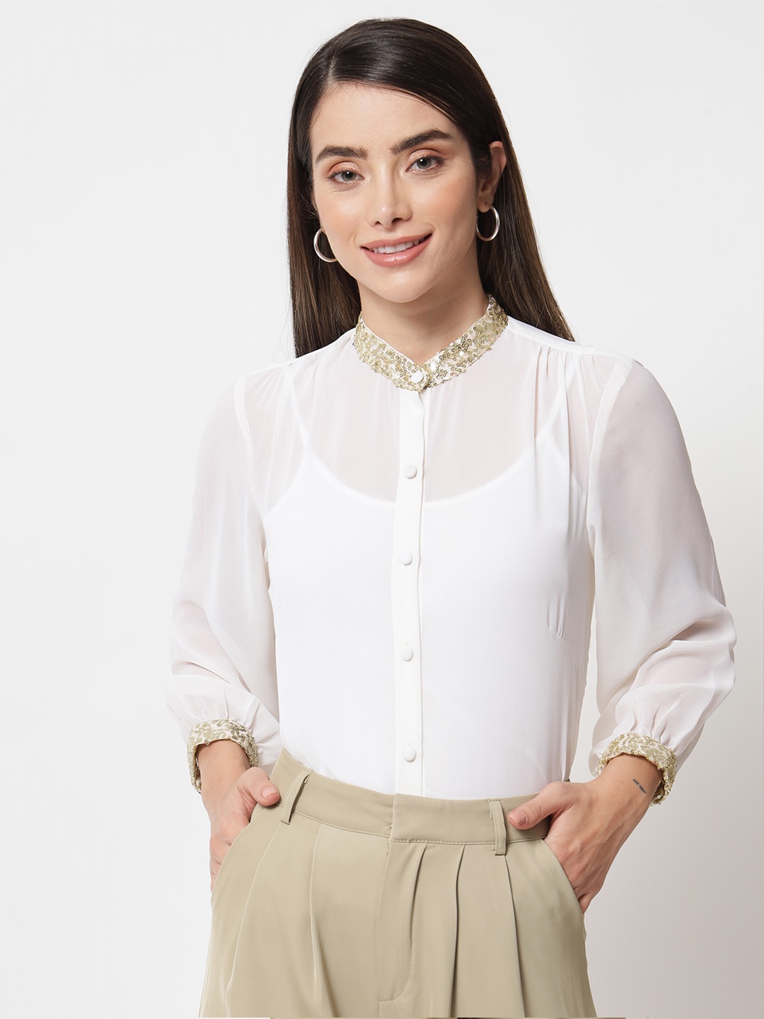

studio rasa White Mandarin Collar Georgette Sequin Embroidered Sheer Shirt Style Top