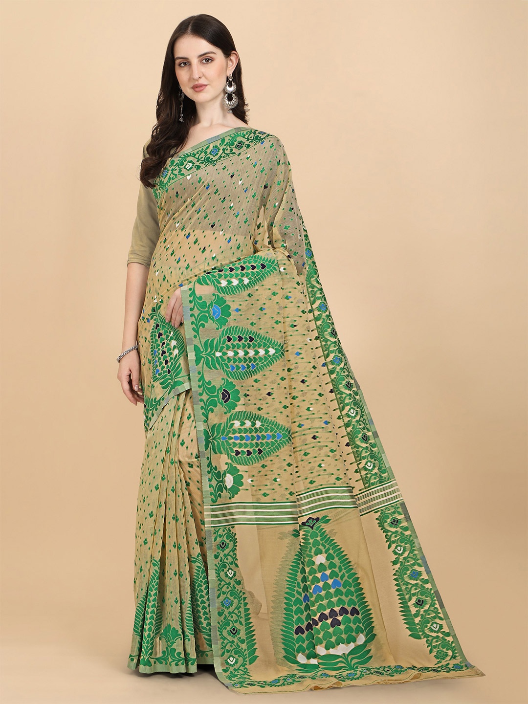 

ZIKARAA Beige & Green Floral Silk Cotton Jamdani Saree