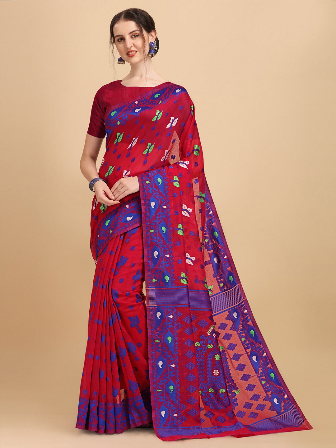 

ZIKARAA Pink & Green Floral Silk Cotton Jamdani Saree