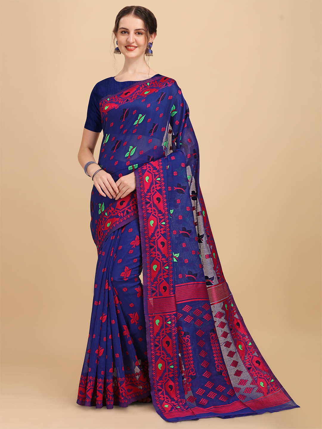 

ZIKARAA Blue & Red Floral Silk Cotton Jamdani Saree