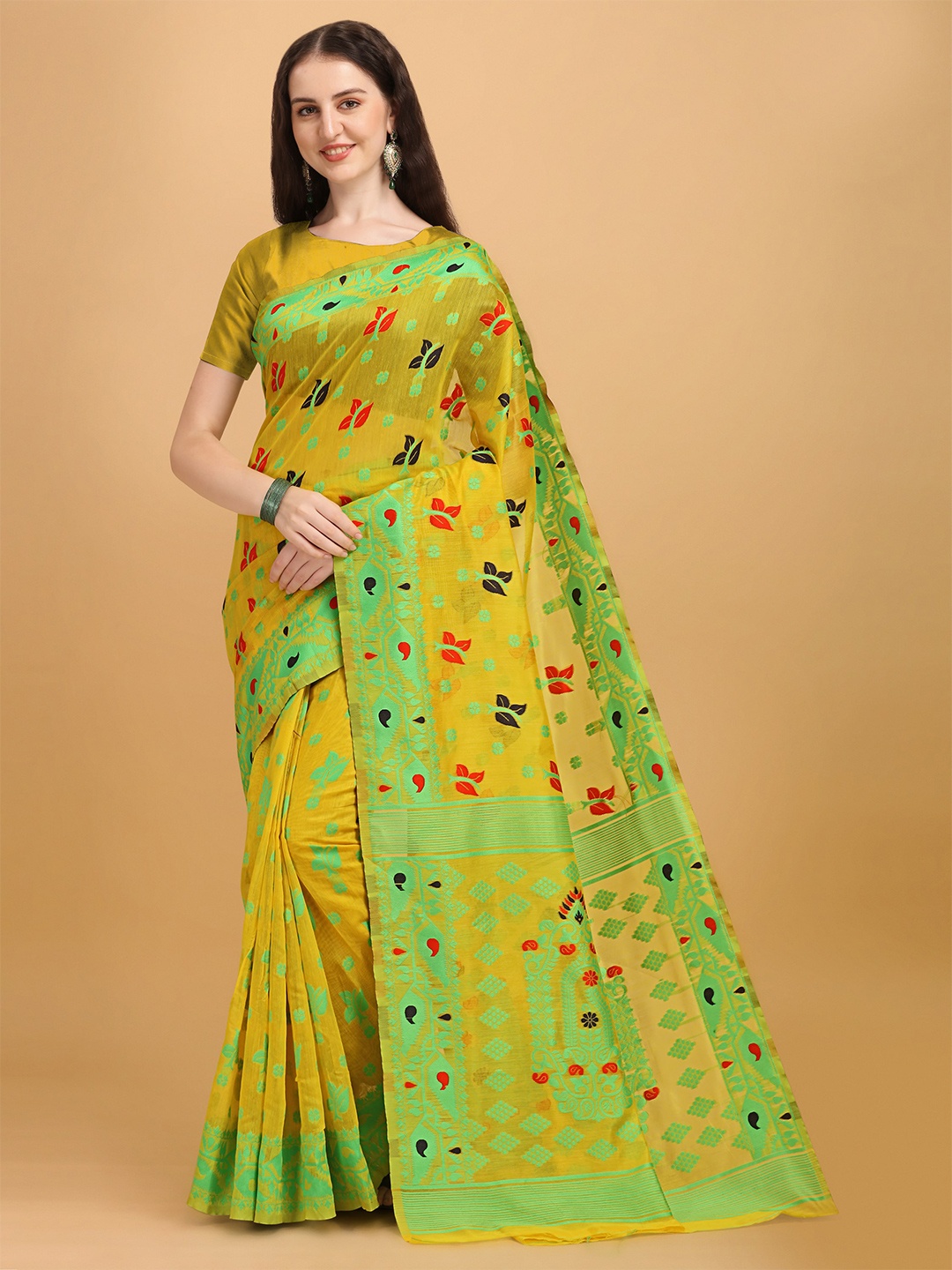 

ZIKARAA Yellow & Green Woven Design Silk Cotton Jamdani Saree