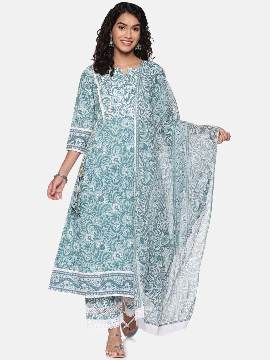 

Palakh Women Blue Paisley Yoke Design Pure Cotton Kurta with Palazzos & With Dupatta