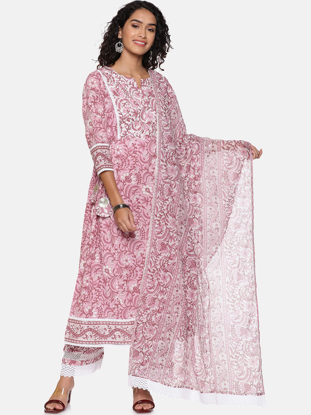 

Palakh Women's Brown Striped Pleated Pure Cotton Kurti With Trousers & Dupatta