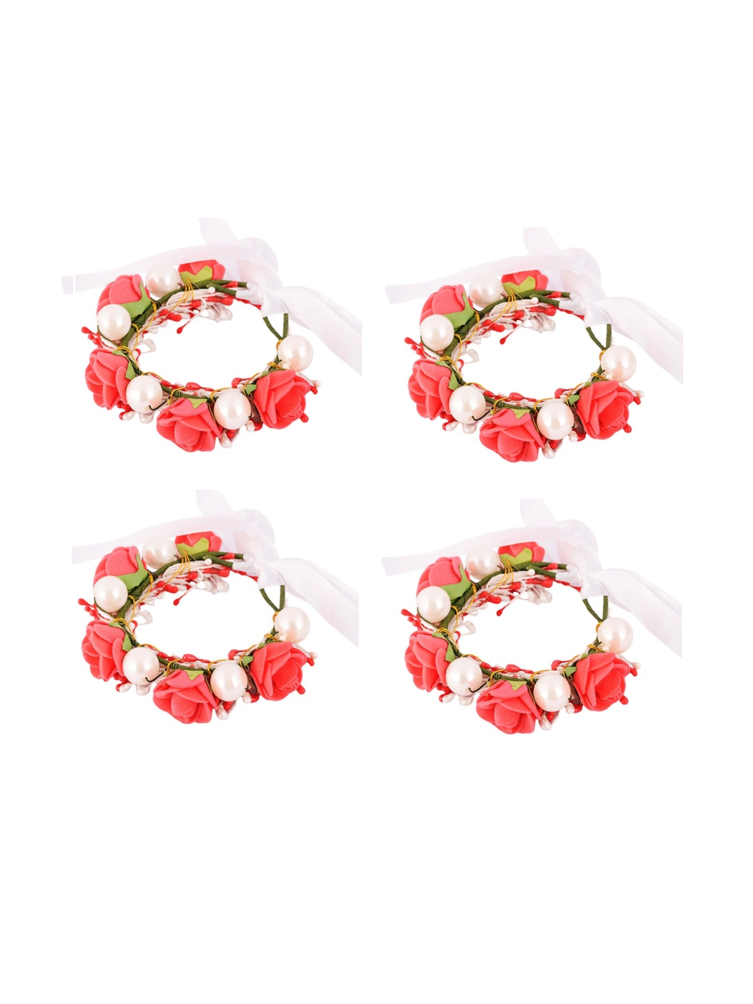 

Sanjog Women Set of 4 Embellished Fabric Handmade Floral Rakhi Bracelet, Red