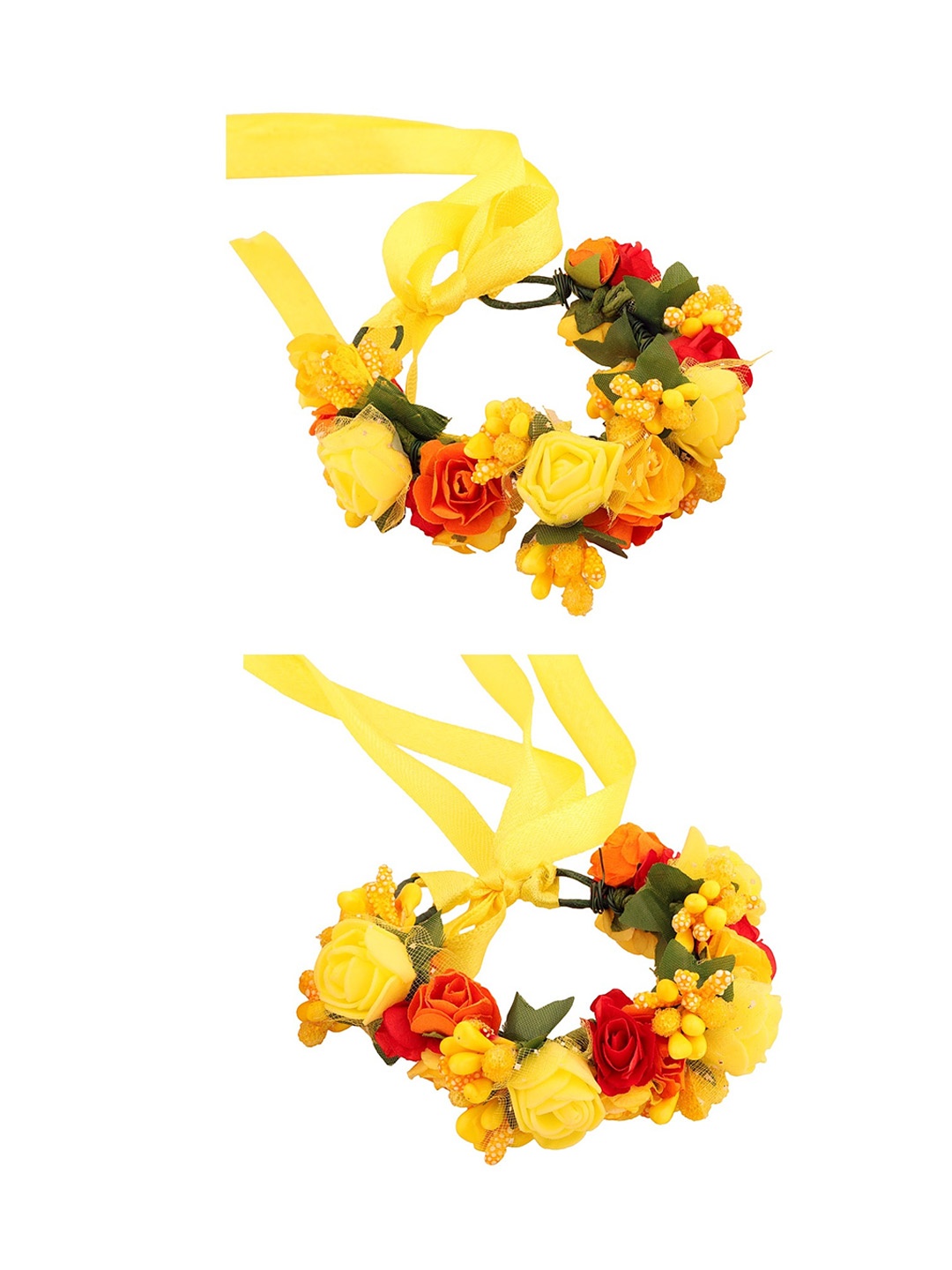 

Sanjog Women Yellow Set Of 2 Embellished Fabric Handmade Floral Rakhi Bracelet