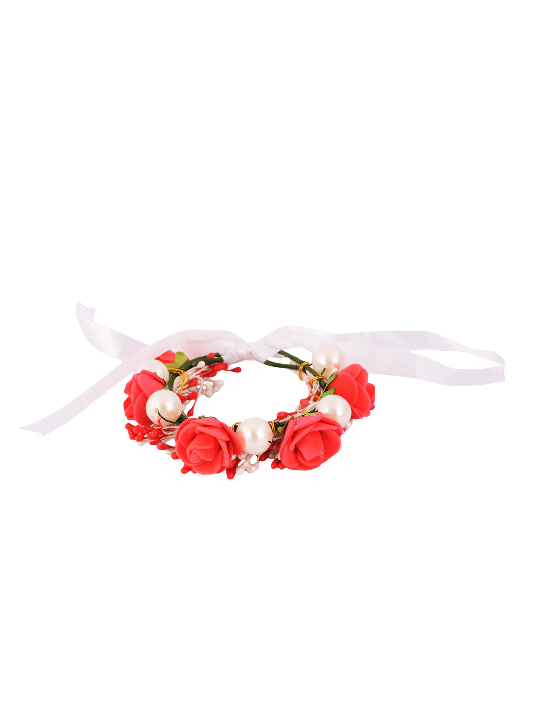 

Sanjog Women Red & White Embellished Fabric Handmade Floral Rakhi Bracelet