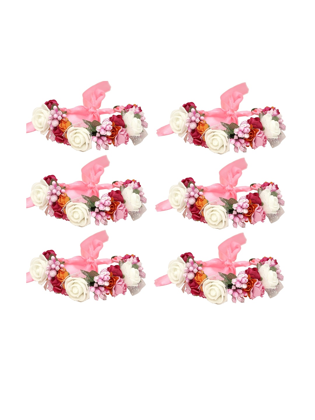 

Sanjog Women 6 Pink & White Embellished Fabric Handmade Floral Rakhi Bracelet