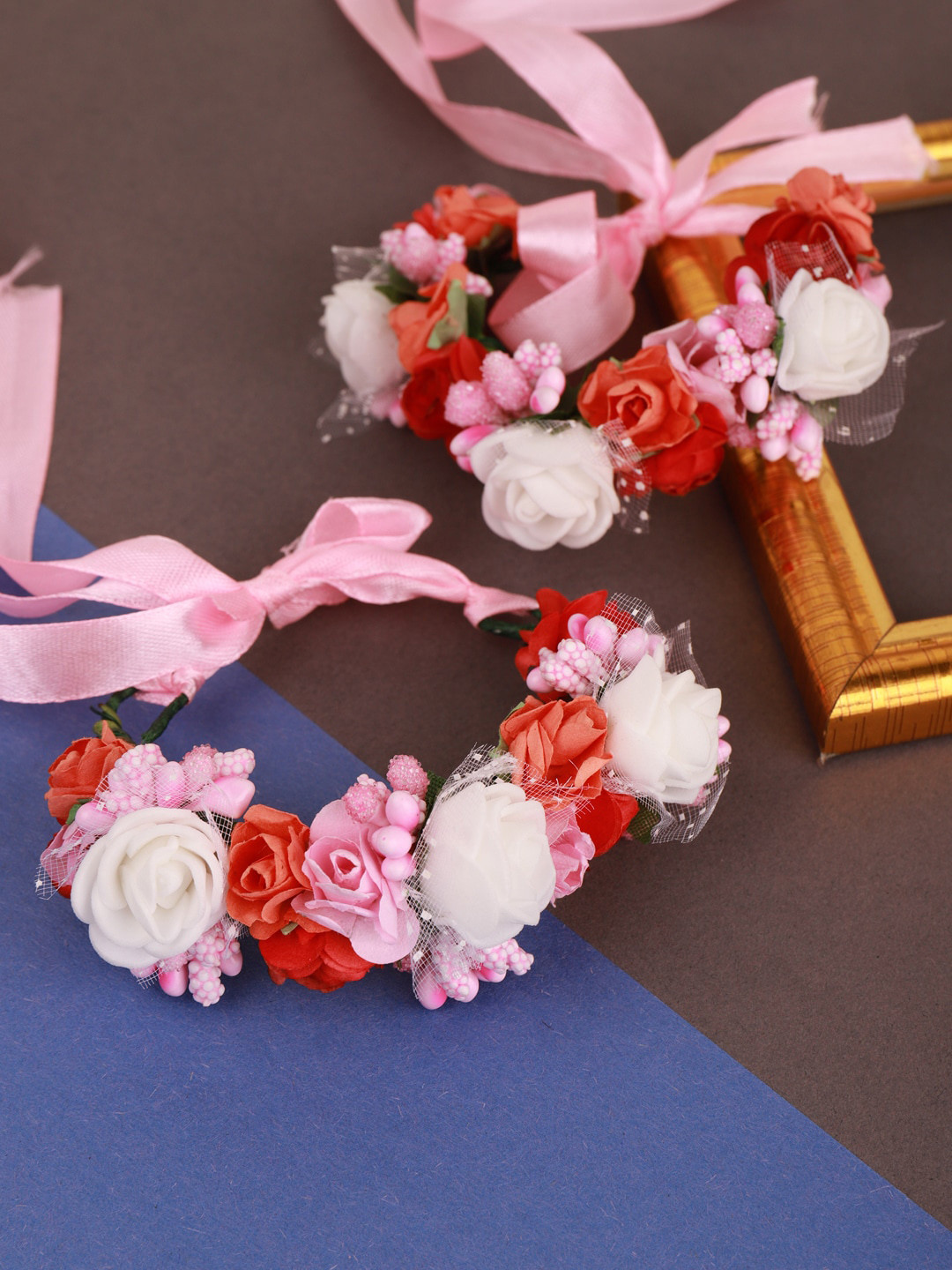 

Sanjog Women 2 Pink & White Wraparound Handmade Floral Rakhi Bracelet