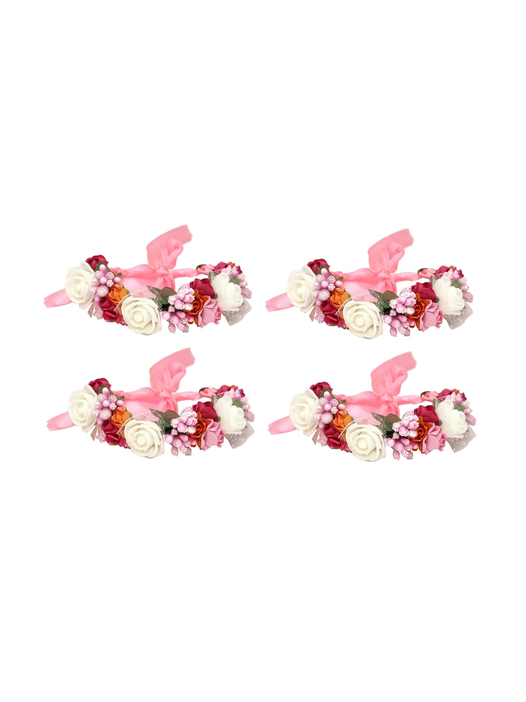 

Sanjog Women Set Of 4 Pink & White Embellished Handmade Floral Rakhi Bracelet