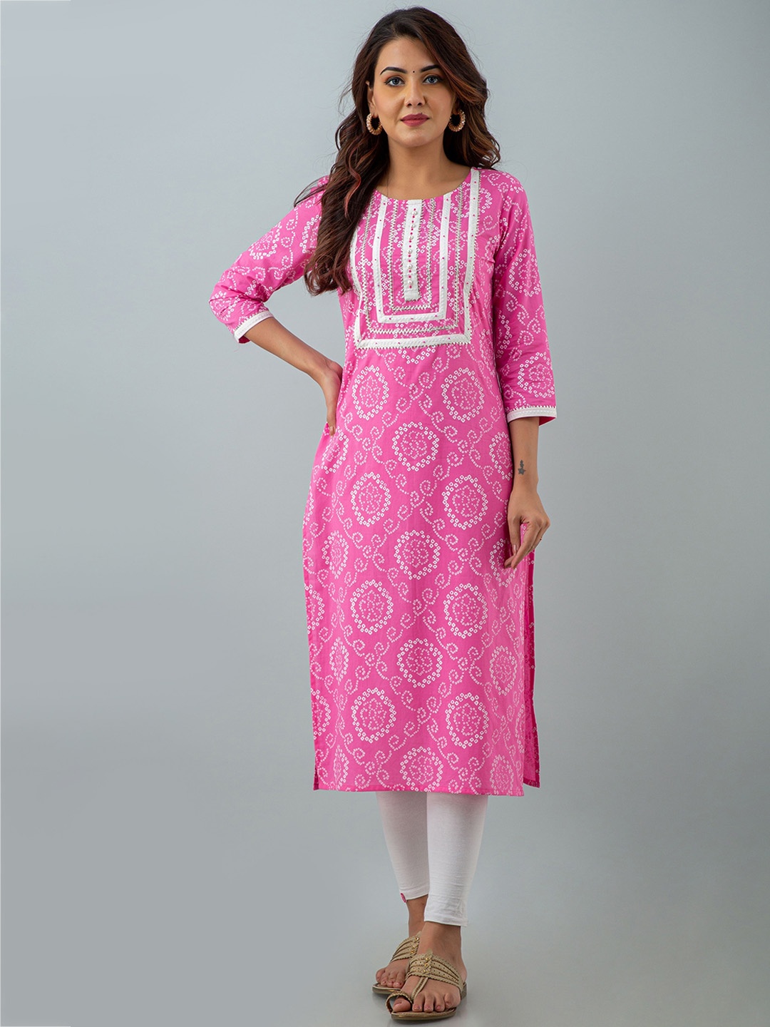 

Charu Women Pink Ethnic Motifs Printed Bandhani Gota Patti Work Kurta