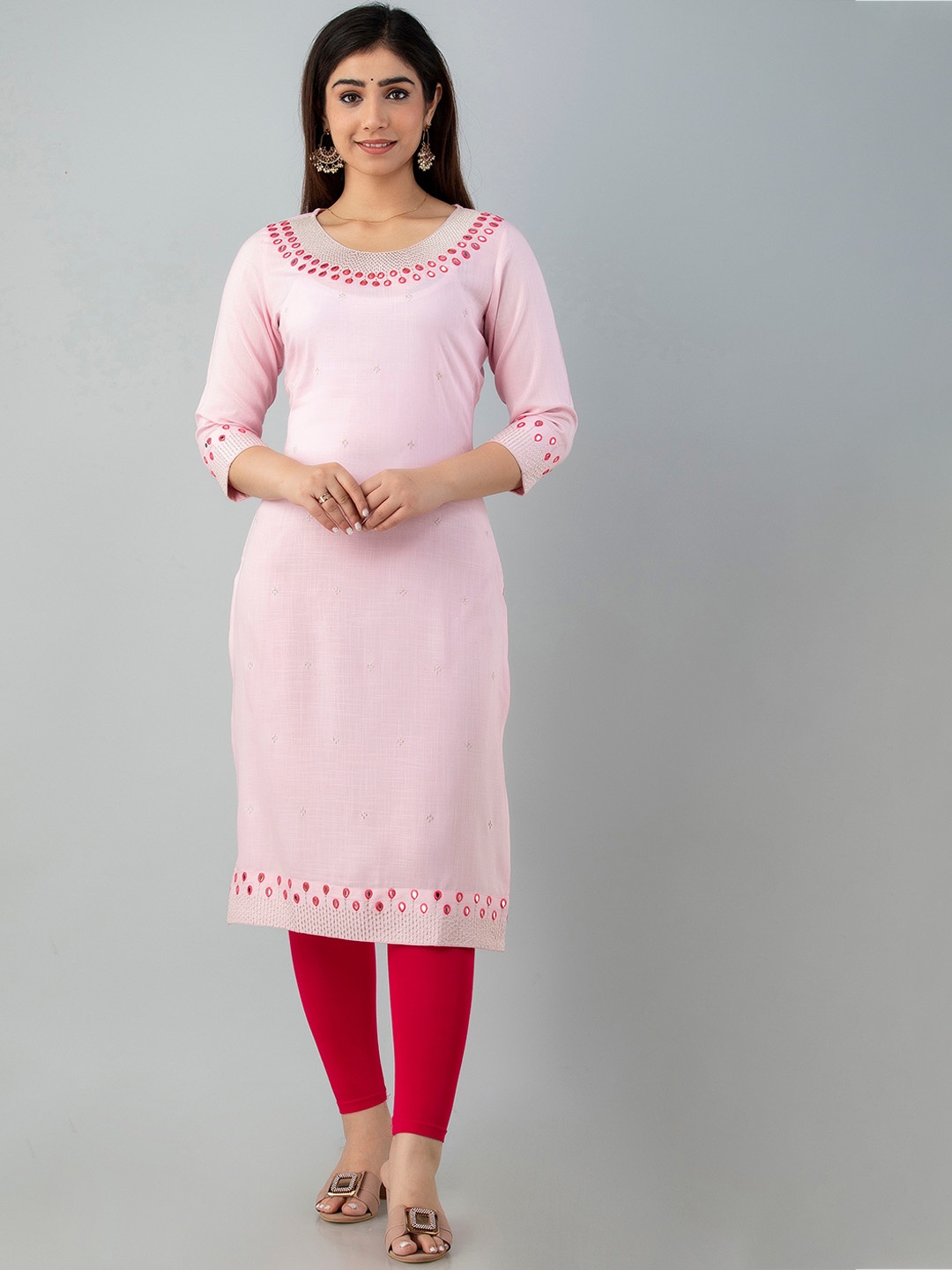 Charu Women Pink Geometric Embroidered Mirror Work Kurta