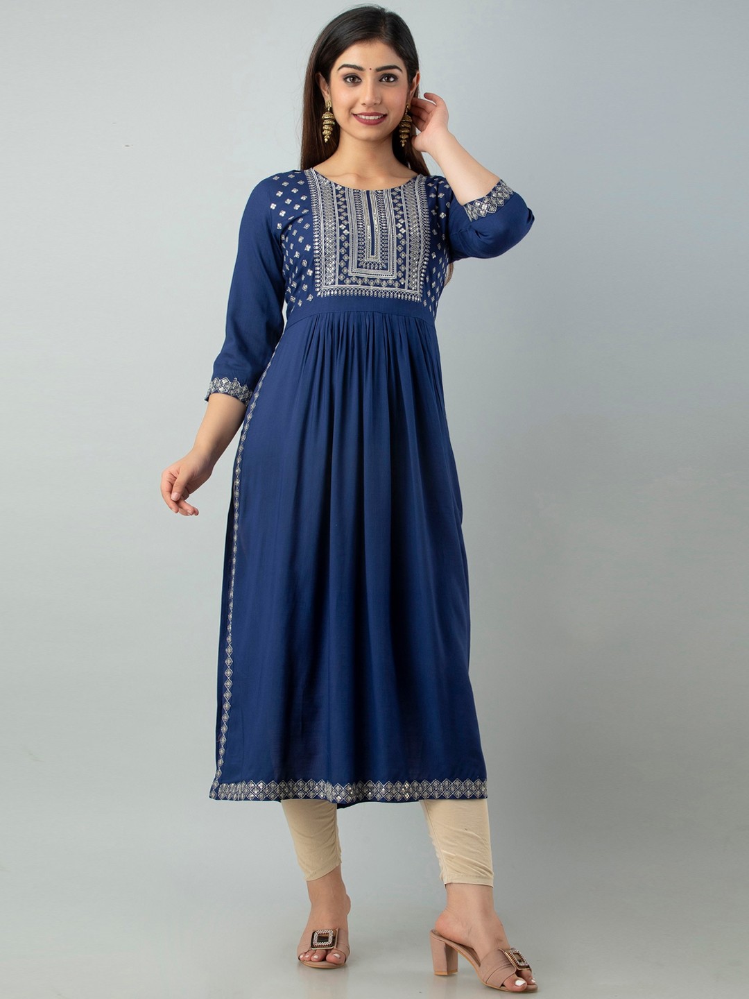 

Charu Women Blue Geometric Yoke Design Thread Work Anarkali Kurta