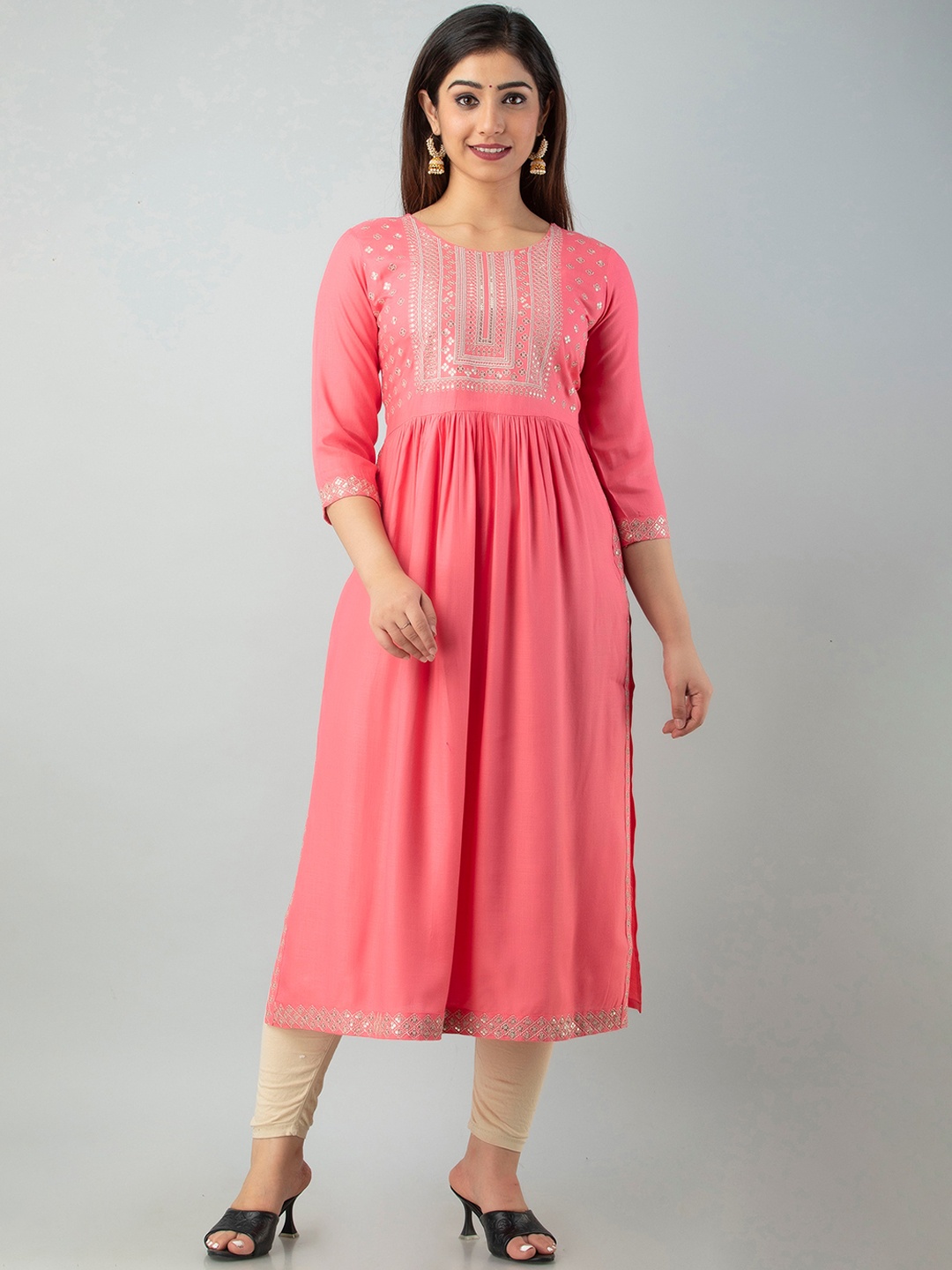 

Charu Women Peach-Coloured Embroidered Anarkali Kurta