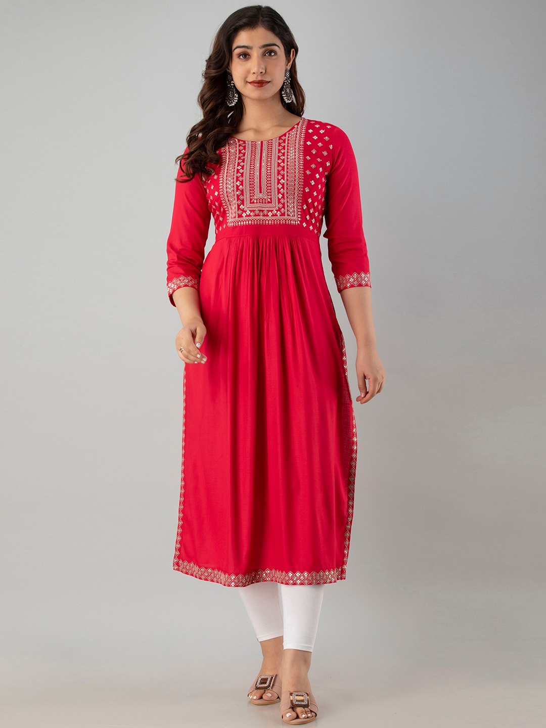 

Charu Women's Pink Ethnic Motifs Yoke Design Mirror Work Anarkali Kurta