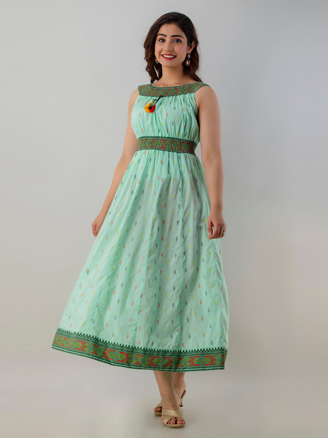 

Charu Sea Green Ethnic Motifs Pure Cotton Midi Dress