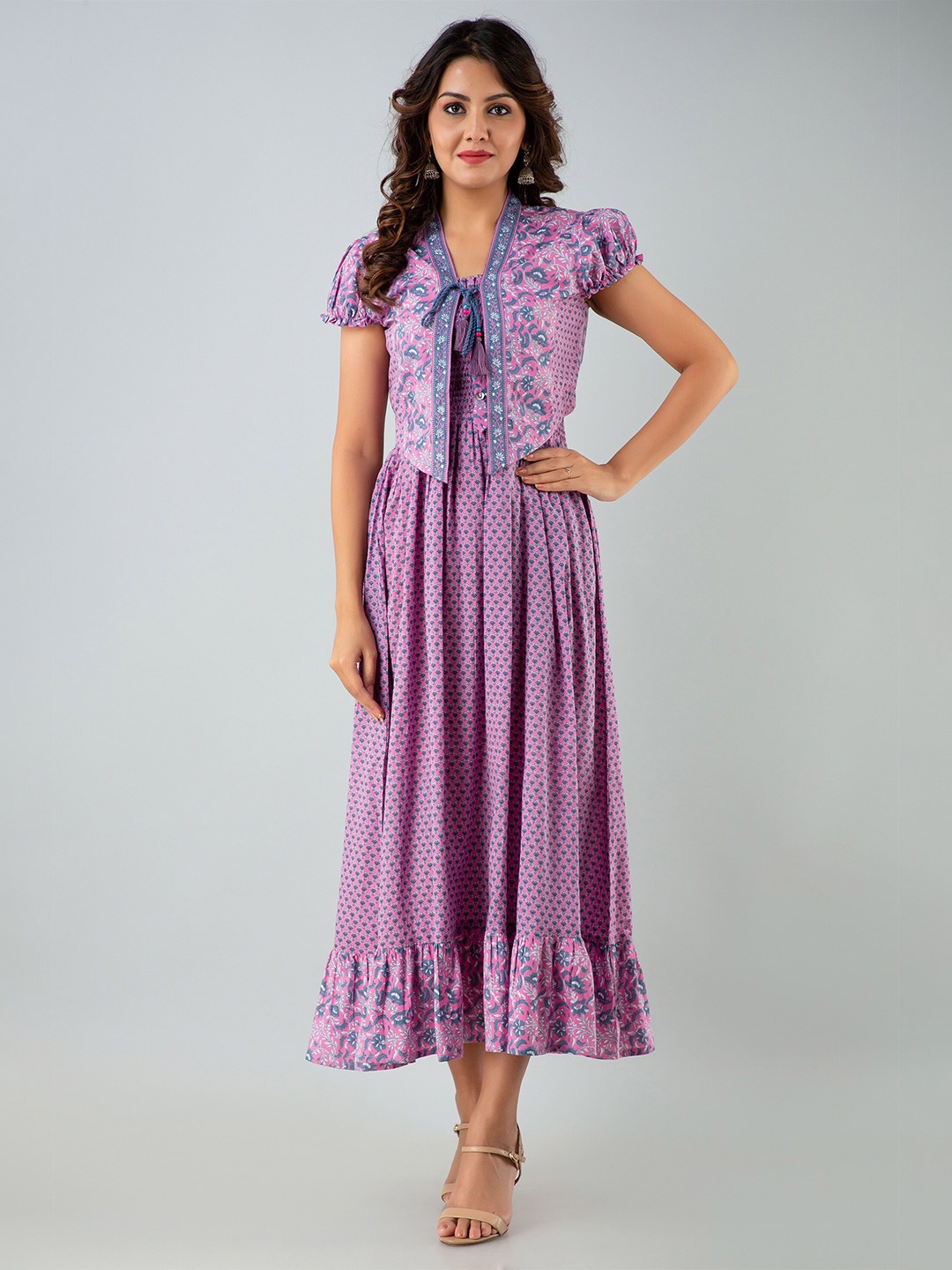 

Charu Purple Floral Tie-Up Neck Midi Dress
