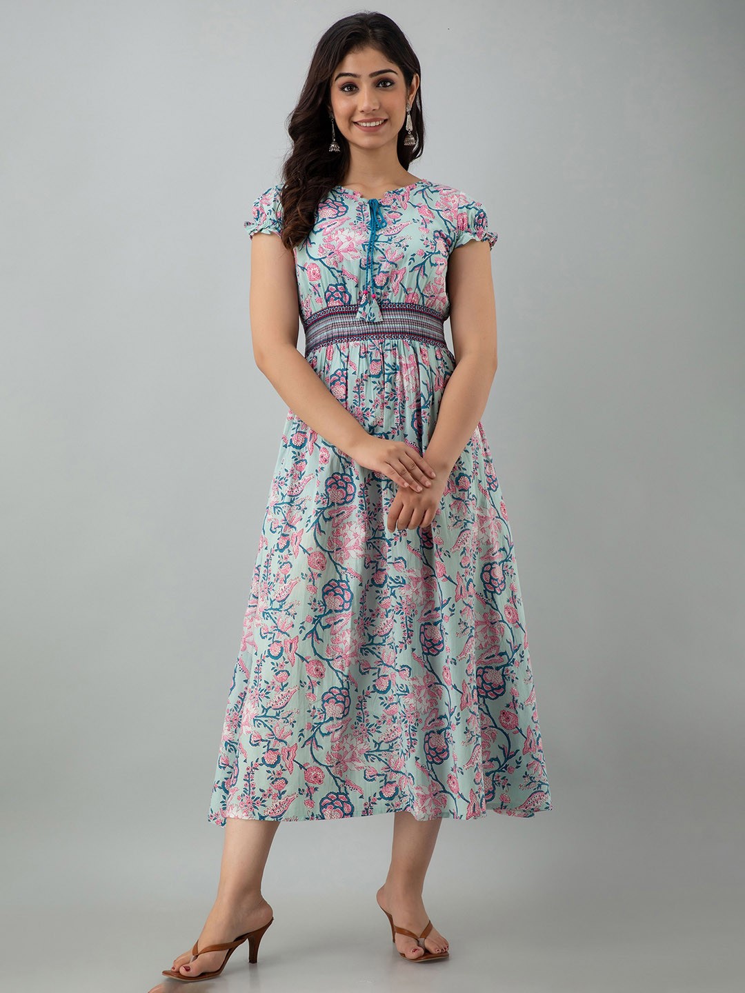 

Charu women's Blue & Pink Floral Empire Midi Dress